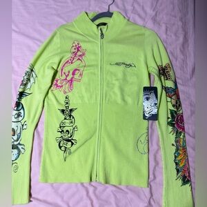 Ed Hardy Neon Green Zip-Up with Graphic Accents
